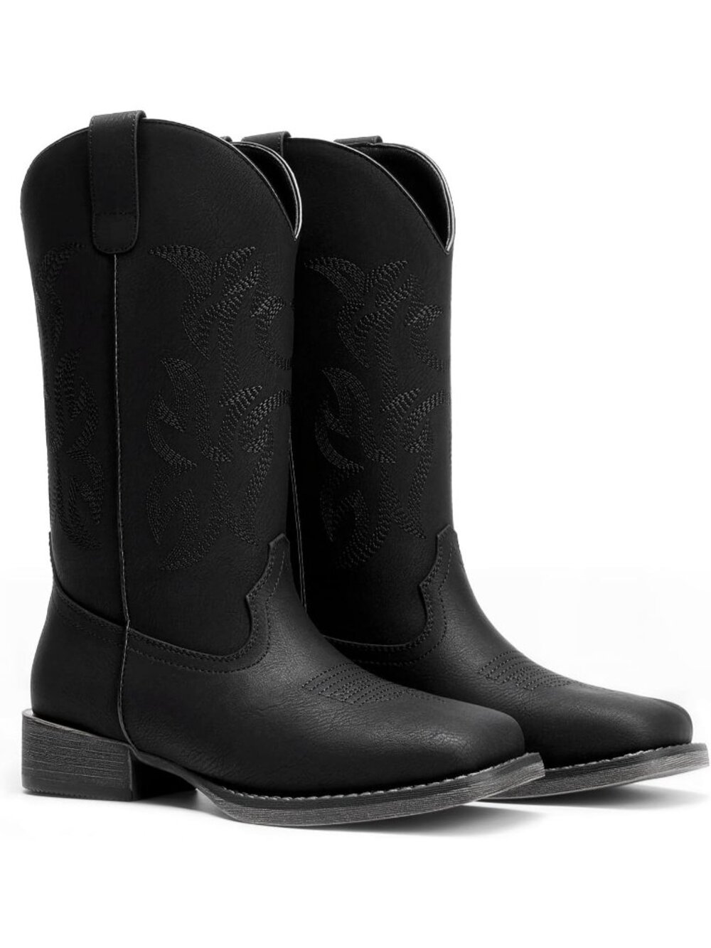 Women's Black Faux Leather Square Toe Mid Calf Pull-On Embroidered Cowgirl Boots - Picture 5 of 6